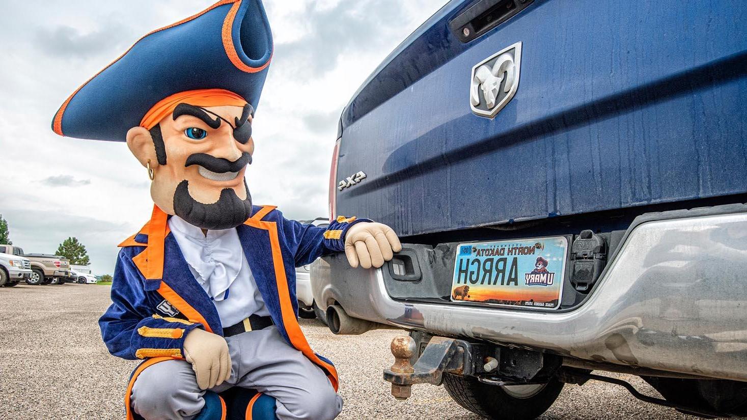 Max the Marauder next to the University of Mary license plate.